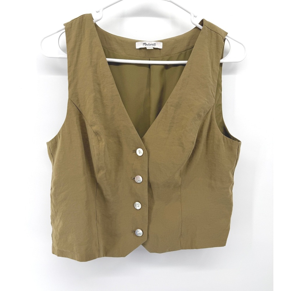 Madewell Vest Top Women 4 Olive Green V-Neck Pearl Button Front Modal Cropped